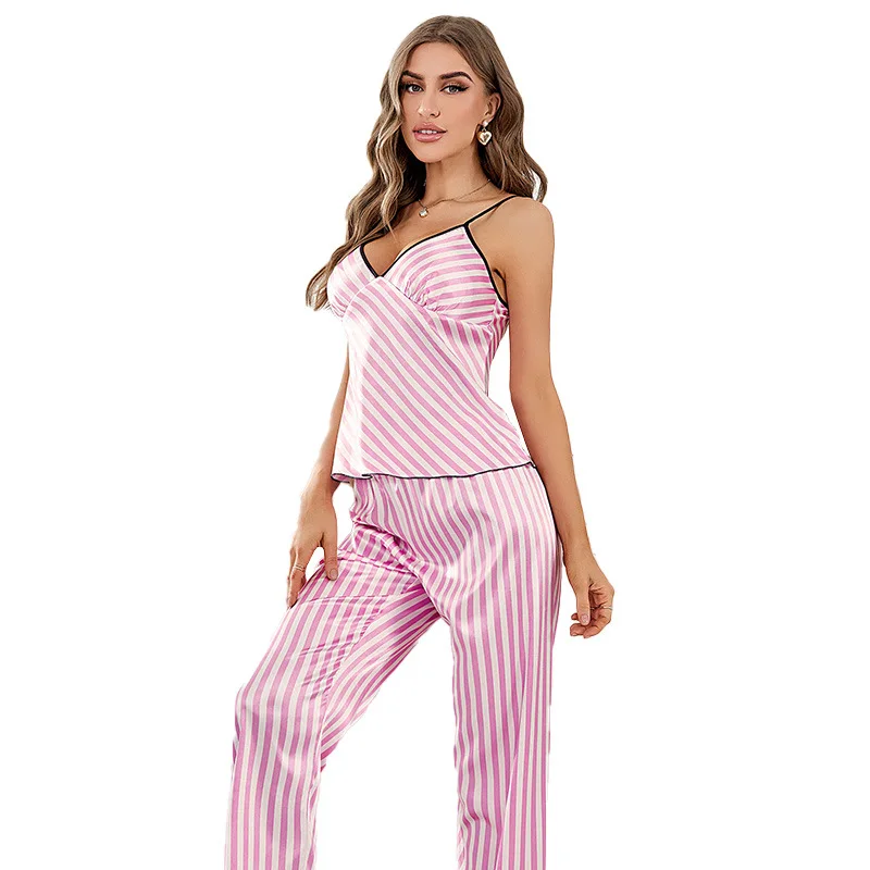 Pink and White Striped Pajamas V-neck Sling Top Long Pants Two-pieces Suit Thin Imitation Silk Nightgown Women's Home Clothing