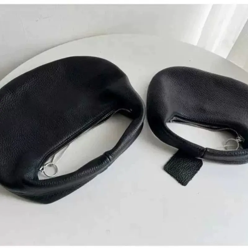 Retro Black Pebbled Texture Handbag Women Soft Leather Foldable Exquisite Purse Ladies Minimalist Fashion Versatile Crescent Bag