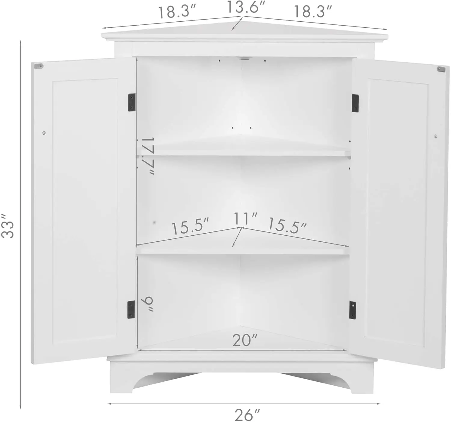 Floor Corner Cabinet with Doors and Shelves, Freestanding Bathroom Corner Storage Cabinet for Bathroom, Living Room, White