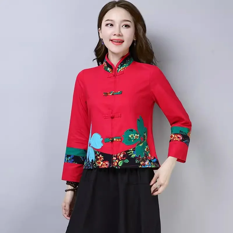 Single/plush Ethnic Style Jacket Women New Retro Long Sleeved Chinese Style Button Up Stand Up Collar Cotton And Linen Cardigan