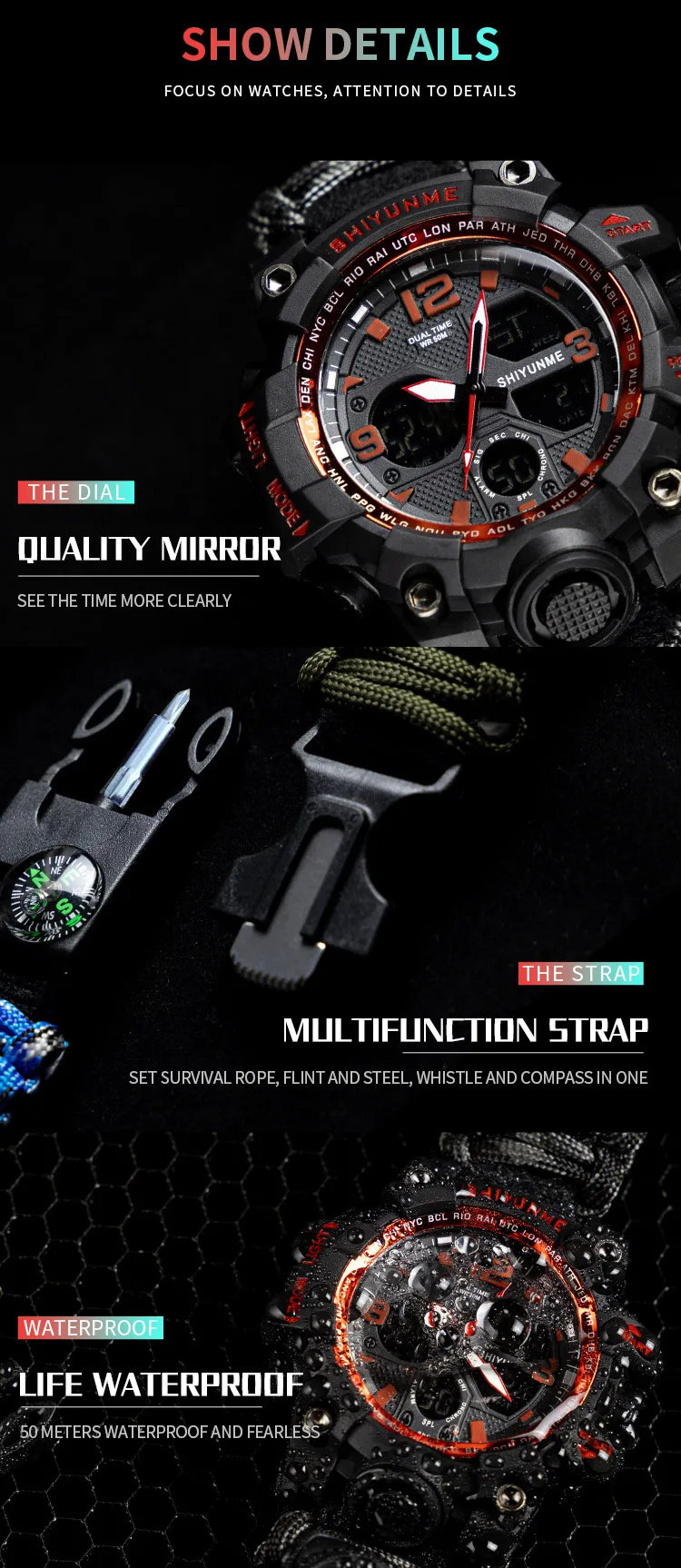 Mens Watch Military Waterproof Sport Wrist Watch Digital Stopwatches For Men Compass Military Watches Male Relogio Masculino