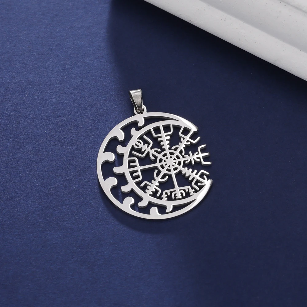 Dawapara Kompass Vegvisir Anhänger Halbmond Amulett Runenkreis Edelstahl Charms für Schmuckherstellung Nordische Geschenke – Detail 9