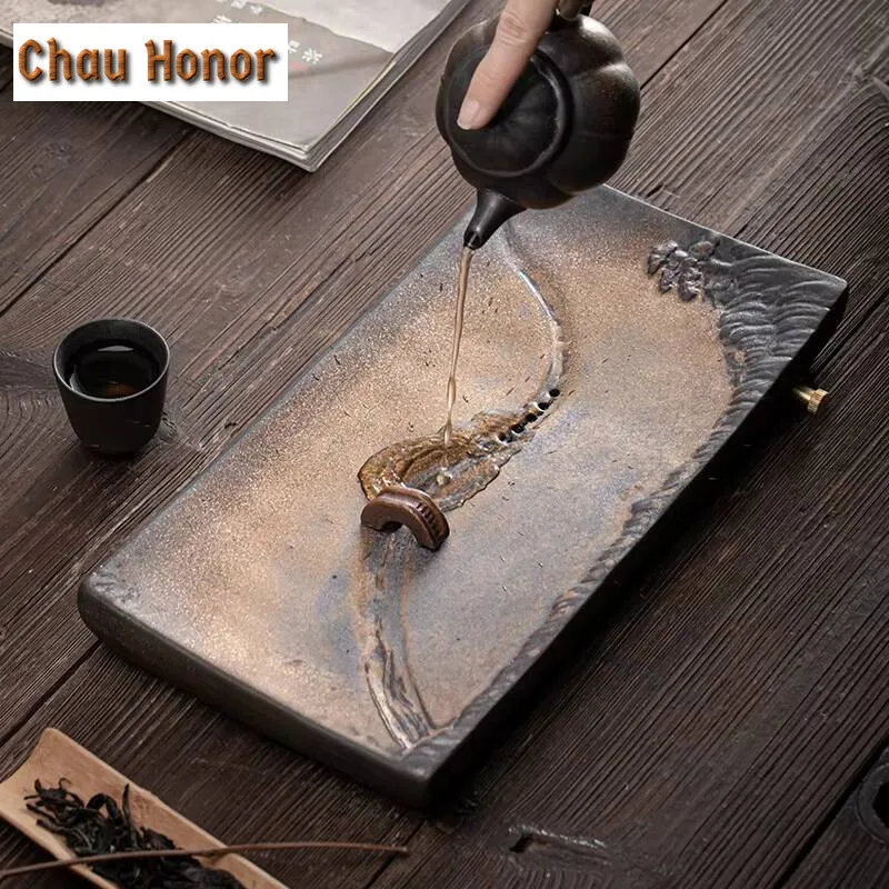 Retro Coarse Pottery Large Rectangular Dry Bubble Tray Chinese Household Water Storage And Drainage Dual-purpose Tea Tray Gifts