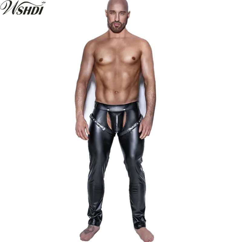 

Sexy Men Faux Leather Pants Shiny Black Open Crotch Skinny Trousers Nightclub Stage Performance Singers Dancer Leather Pants