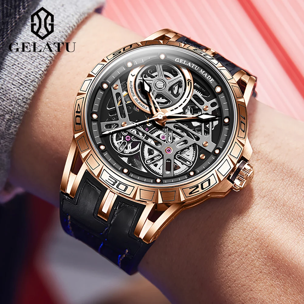 GELATU 6015 Mechanical Watch for Men 3D Hollow Out Sapphire Mirror Leather Silicone Strap Luxury Brand Men's Wrisrtwatches  NEW