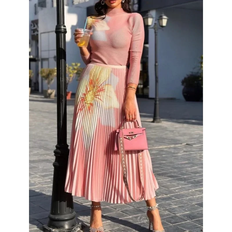 DUOSHA Elegant Printing Pleated 2 Pieces Set Women Turtleneck Long Sleeves Tops A-line Skirts Fashion 2023 Autumn New 1119