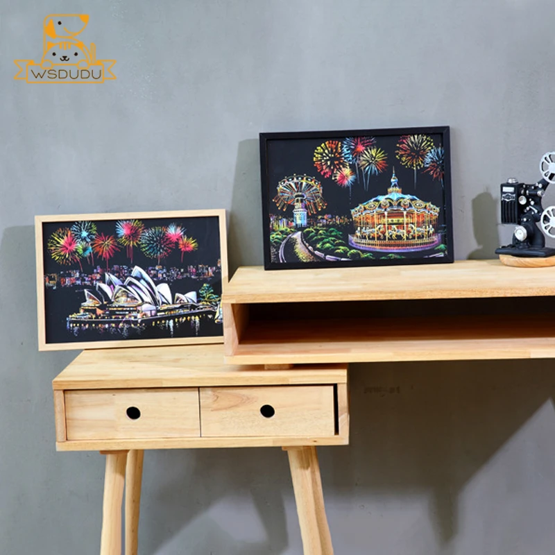 2PCS Scratch Paper Painting Kit Amusement Park Art Night Scene World Landmarks Magic Drawing Toys with Pen Crafts Adult Kid Gift scratch paper painting kit