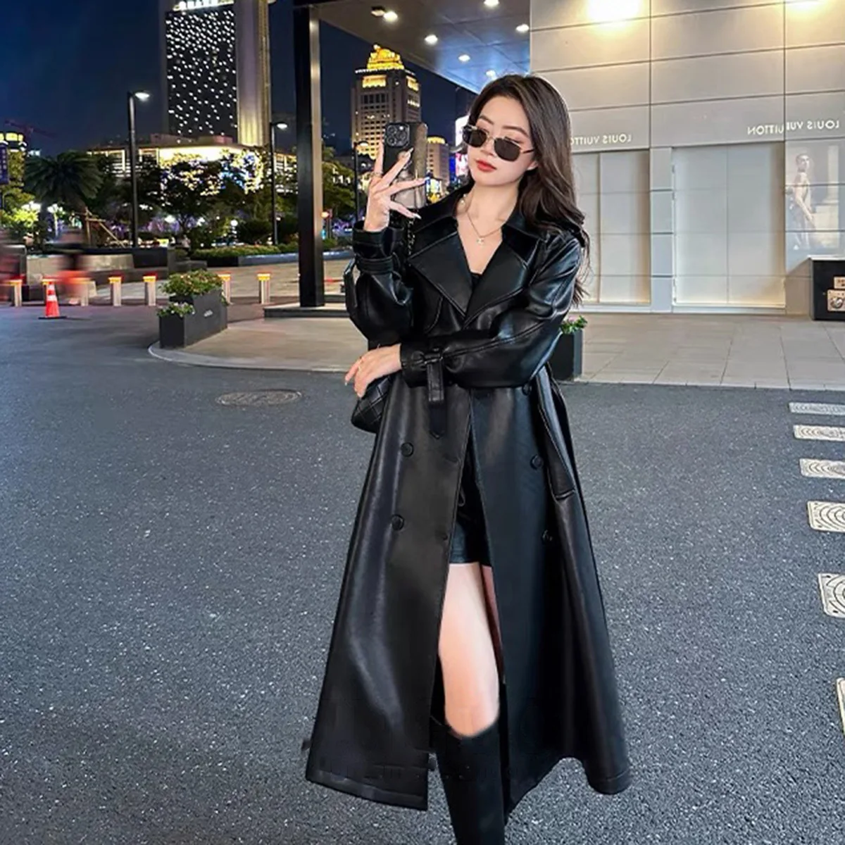 

Autumn suit collar leather trench coat 2023 new women's long sheepskin jacket F
