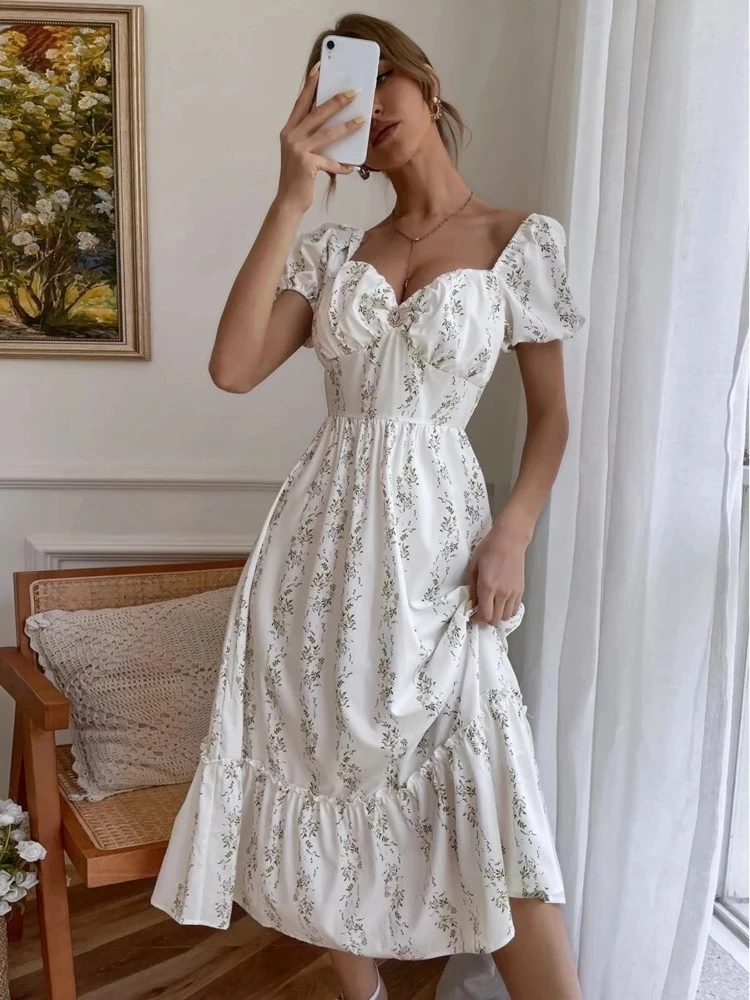 

Summer Elegant Chic Dress Women 2023 Square Collar Floral Print Dress Woman Puff Sleeve Zipper Jewelry Inlaid High Waist Dresses