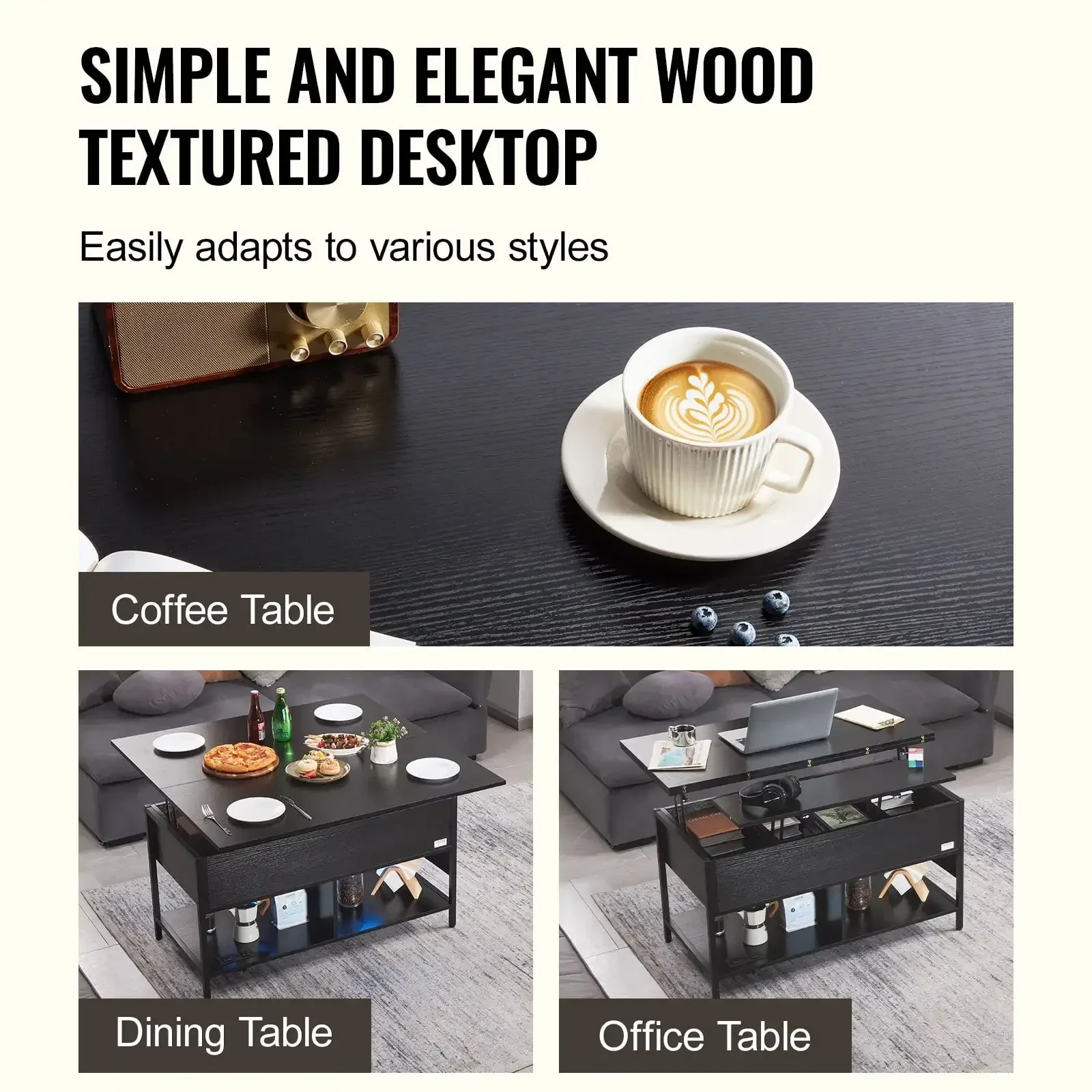 Lift Top Coffee Table - 39.4" Rectangle Coffee Table with Light & USB 6