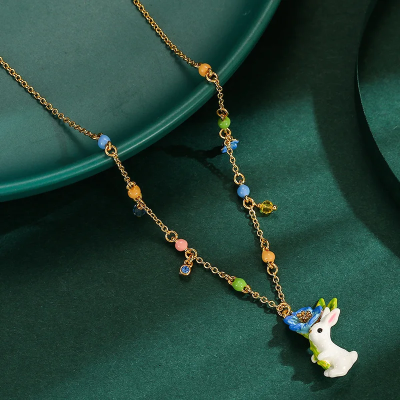 New Fashion Enamel Glaze Inlaid Blue Flower White Rabbit Multi Drop Tassel Ring Bracelet Earring Jewelry Set for Women Kids Gift