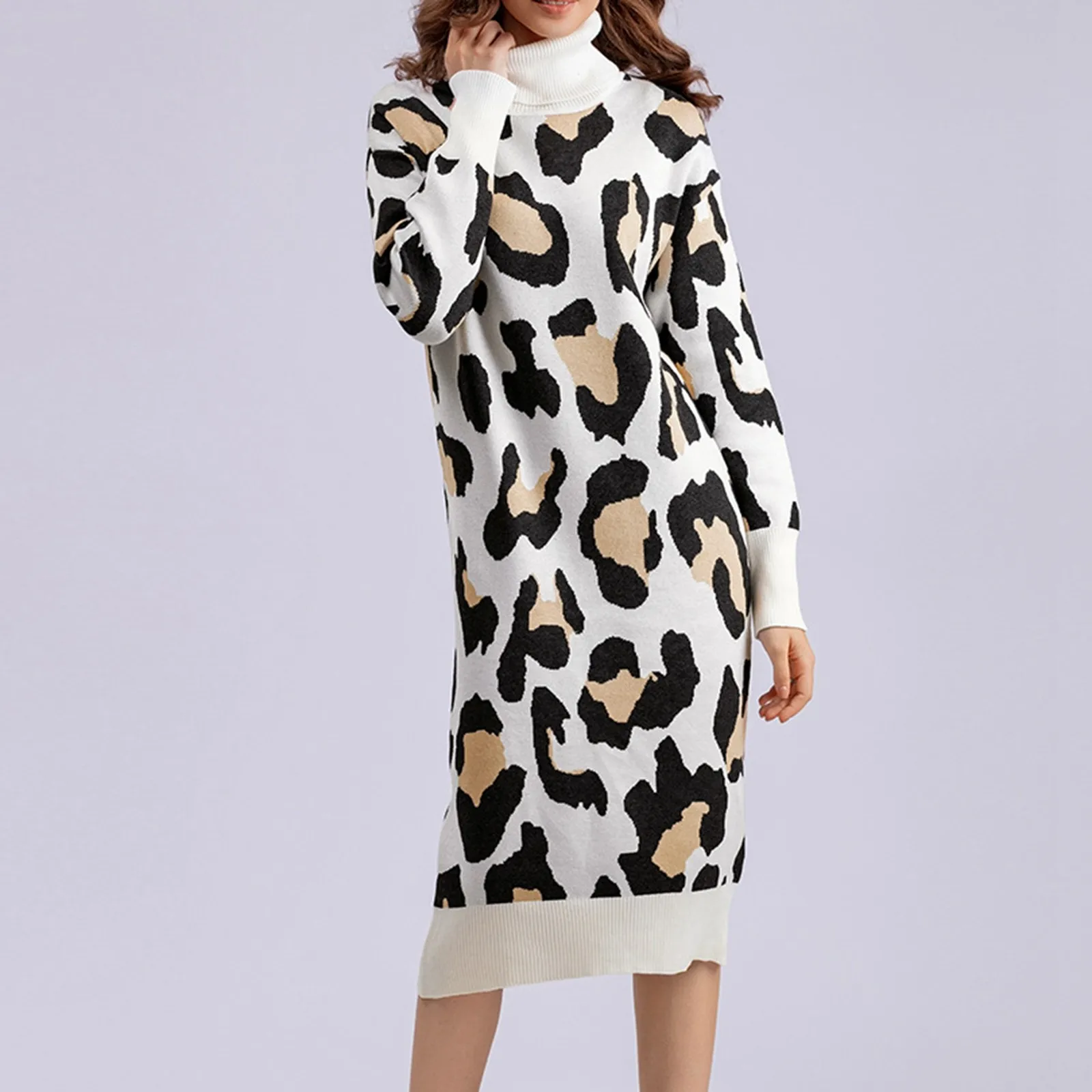 

Women Winter Sweater Dress Oversized Turtleneck Leopard Printed Dress Thick Warm Knee-Length Loose Long Dress Woman Clothing