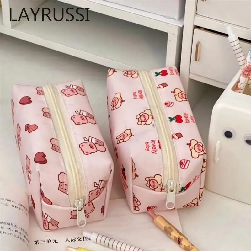 

LAYRUSSI Cartoon Bear Makeup Bag Pink Bunny Large Capacity Student Stationery Bag Cute Girl Makeup Bag Travel Toilet Storage Bag