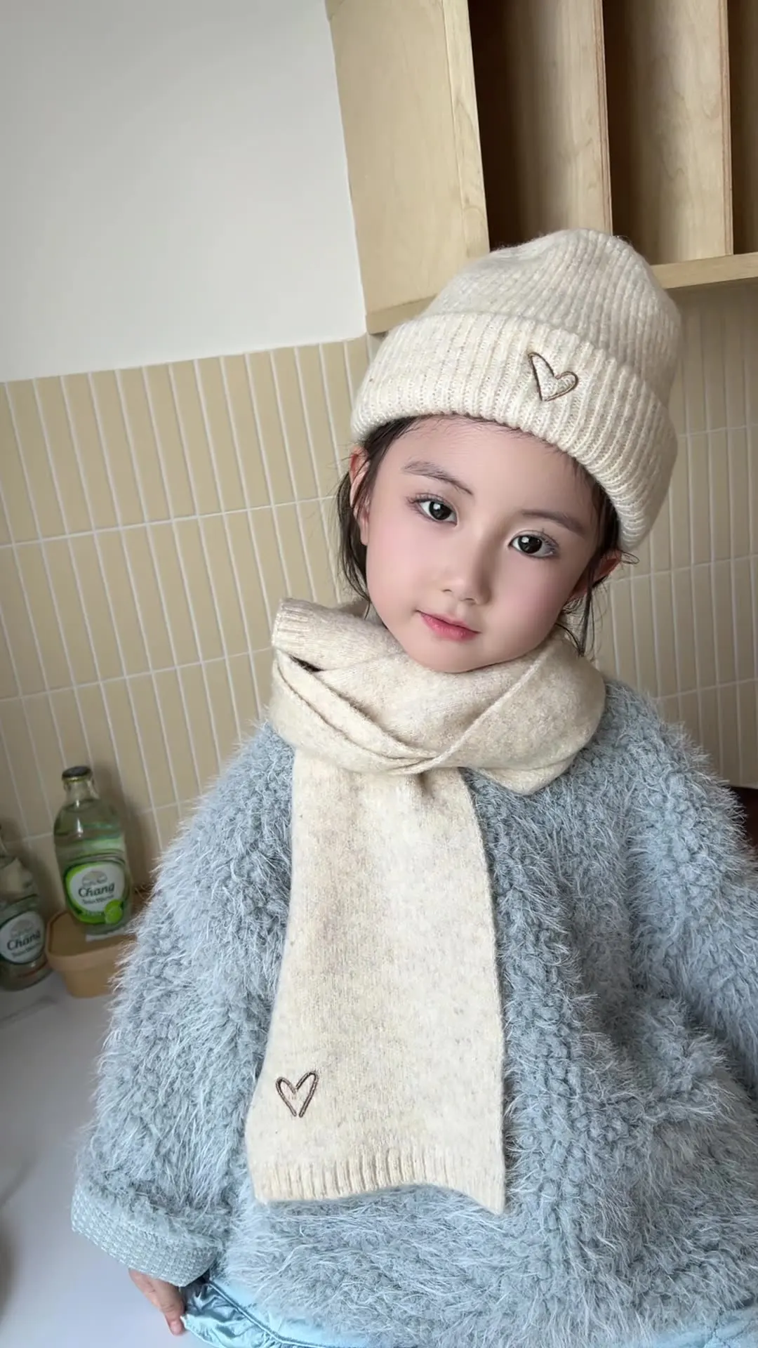 2PC Love Embroidered Children's Hat and Scarf 2-piece Set for Boys and Girls Autumn/Winter Solid Color Versatile Set for Baby Wa