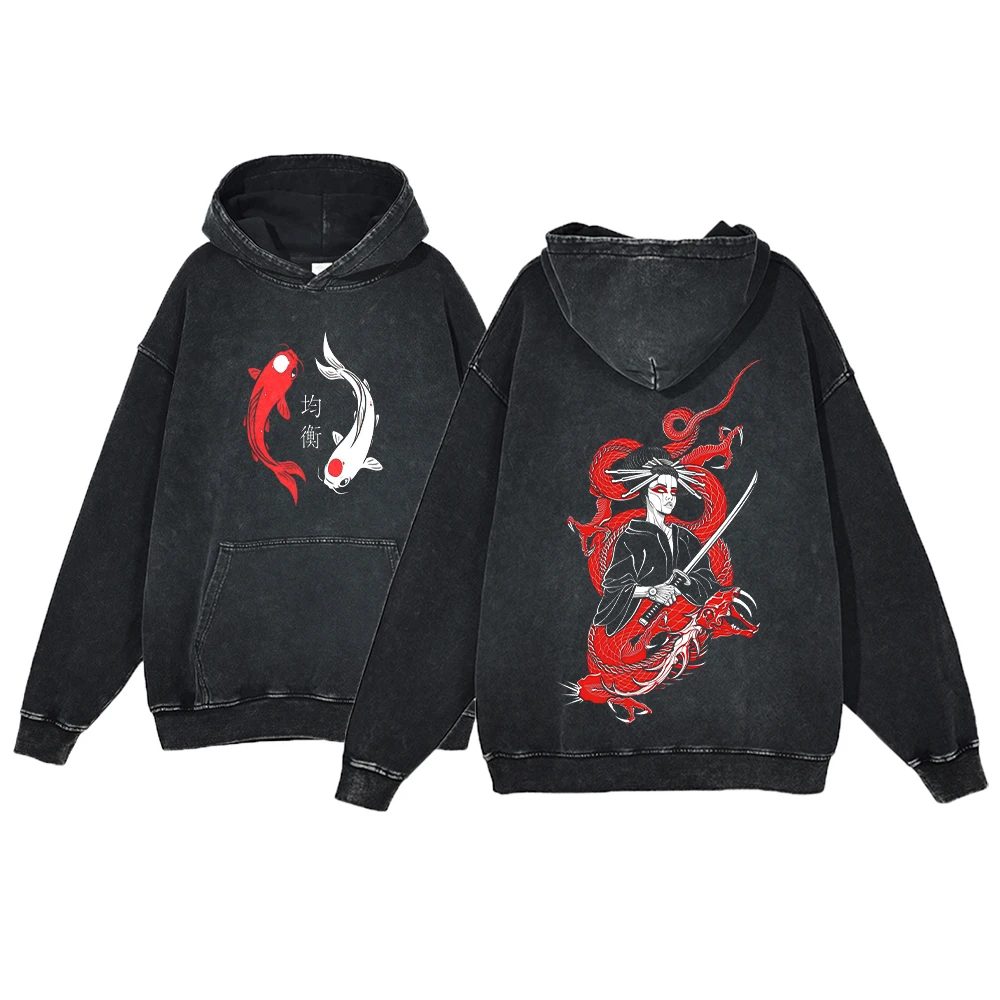Y2K Anime Hoodie Ukiyoe Koi Fish Vintage Acid Wash Sweatshirt Men Hip Hop Hoodies Long Sleeve Oversized Harajuku Gothic Pullover