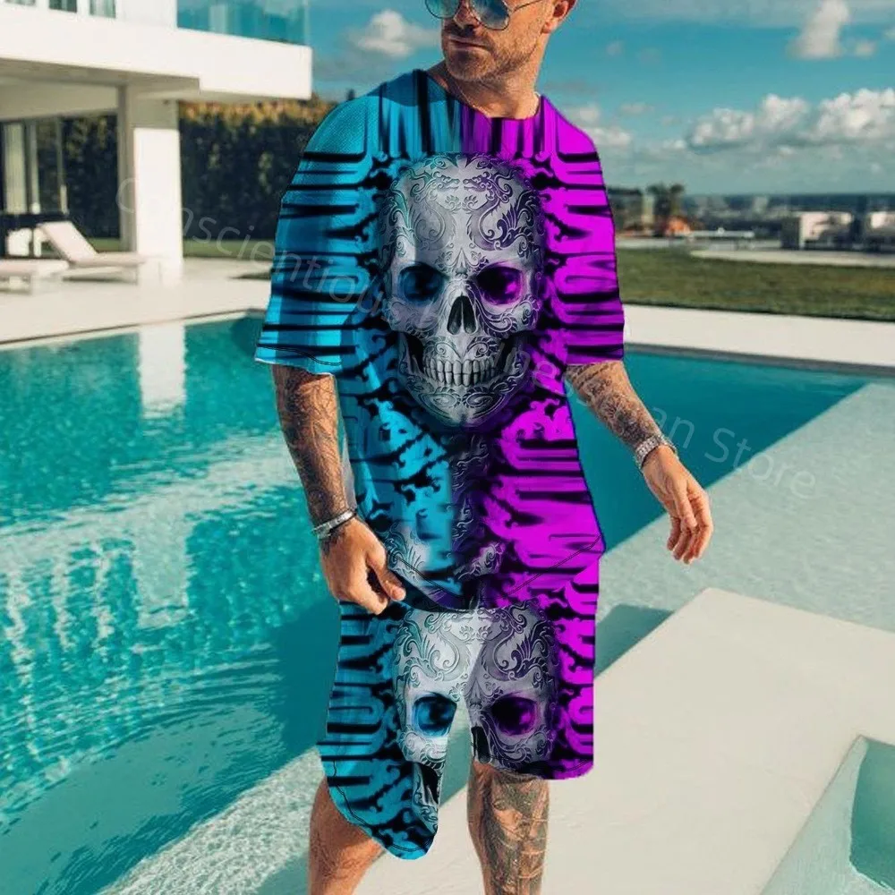 New T Shirt Men Set Skull Suit Men Beach Shorts pants Set Cool Domineering muscle Man clothing Tracksuit Men Street Sports suits summer fashion personality 3d printing simple casual solid color t shirt shorts street sports men s oversized tracksuit