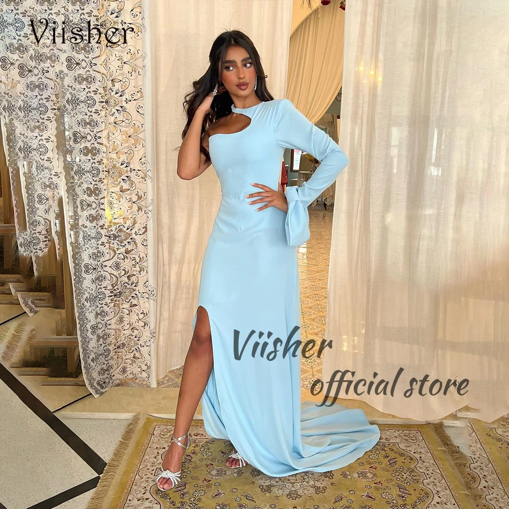 

Sky Blue Satin Mermaid Evening Dresses One Sleeve Arabian Dubai Prom Dress with Slit Formal Occasion Gown 2024