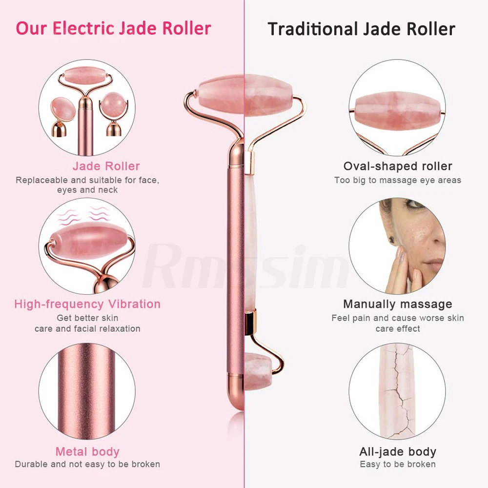 New Electric Vibrating Jade Roller Massager For Slimming Face Lifting Rose Quartz 3D Roller Stone Facial Skin Care Beauty Tool 5