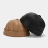 Quality Retro Brimless Hat Solid Color PU Leather Cap Adjustable Landlord Hat Landlord Hat Melon Skin Caps Adjustable Docker Cap 3