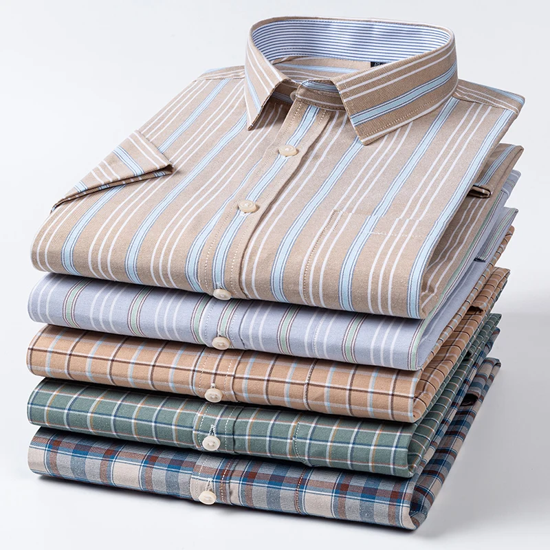 New Men's Plaid Shirt 100% Pure Cotton Oxford Short Sleeves Spring Casual Daily Dress Shirts Button-down Big 5XL 6XL 7XL 2