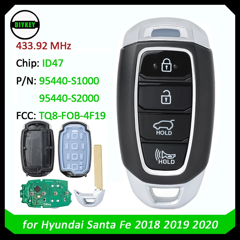 

DIYKEY 4 Button FSK 433.92MHz 95440-S1000 / 95440-S2000 for Hyundai Santa Fe 2018 2019 2020 TQ8-FOB-4F19 Smart Remtoe Key