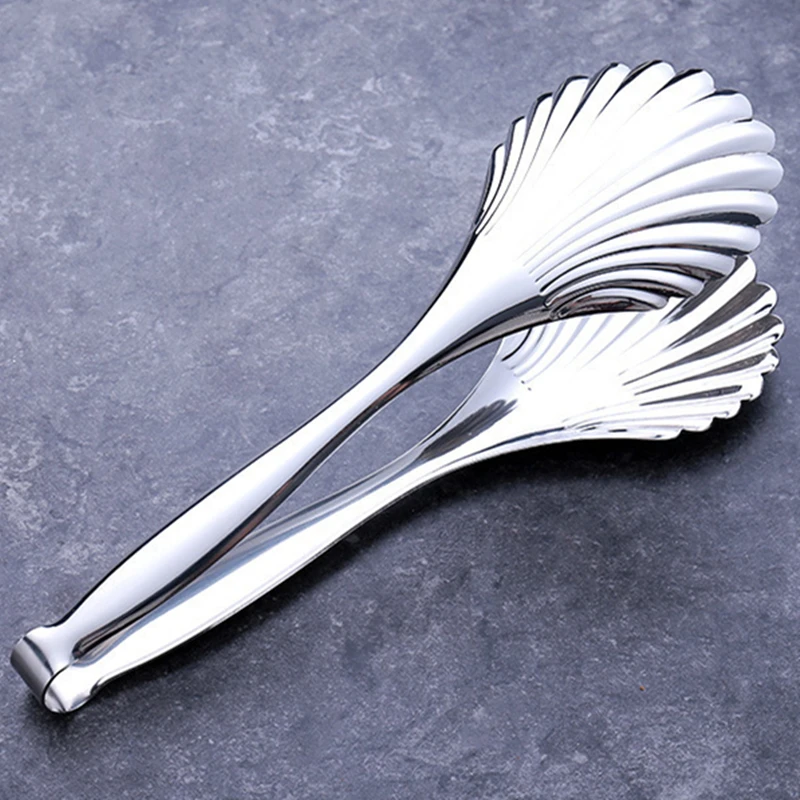 Shell-shape Silver Stainless Steel Food Tongs Multi-functional Bread Clamp Barbecue Steak Clips Non-Stick Cake Tong Kitchen Tool