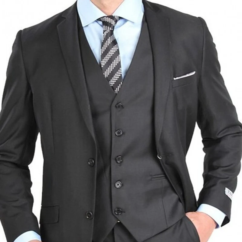 Black Business Party Men Suits New Notched Lapel Custom Made Three Piece Formal Wedding Groom Tuxedos (Jacket + Pants +Vest)