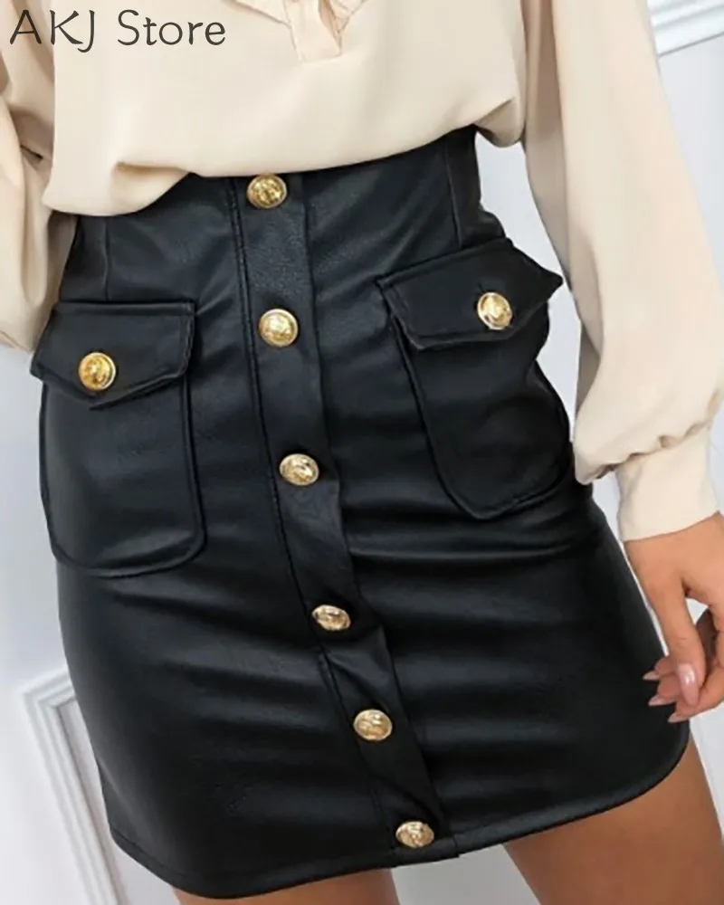 

Women PU Leather Pockets Button Detail Skinny Skirt