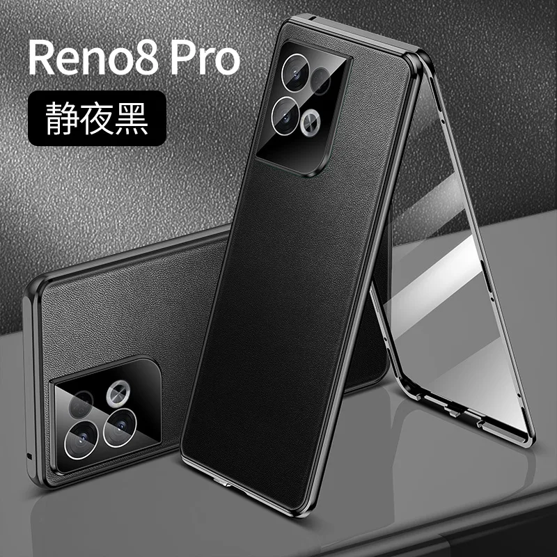 

Case For OPPO Reno 8 Pro Reno8 Tempered Glass+PU Leather+Metal Bumper 3in1 Magnetic Shockproof Cover For OPPO Reno 8 Pro Plus