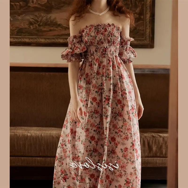 

French Floral Dress, Women'S Summer Design, One Shoulder Strap Dress, Vacation Chic Slim Fit Women'S Long Skirt