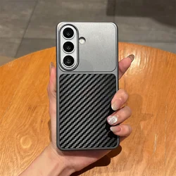 Premium Carbon Fiber Leather Phone Case with Plating PC Shockproof Bumper Protection - Galaxy S23 Ultra (Black)
