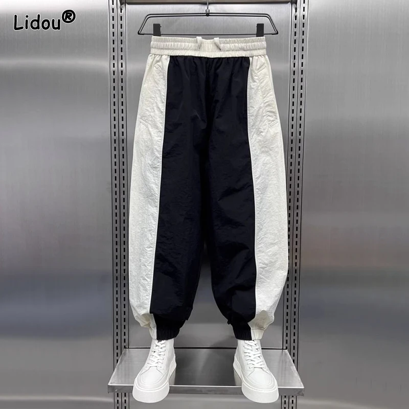 Autumn and Winter Men's High Waist Elastic Splice Lace Pocket Loose Band Mouth Fashion Casual Pants for Commuting