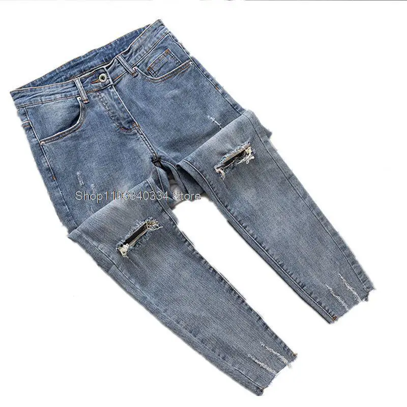 

Small Feet Pants Spring New Thin Men's Jeans Knee-knee Elastic Slimming Nine-point Pants Men's Clothing
