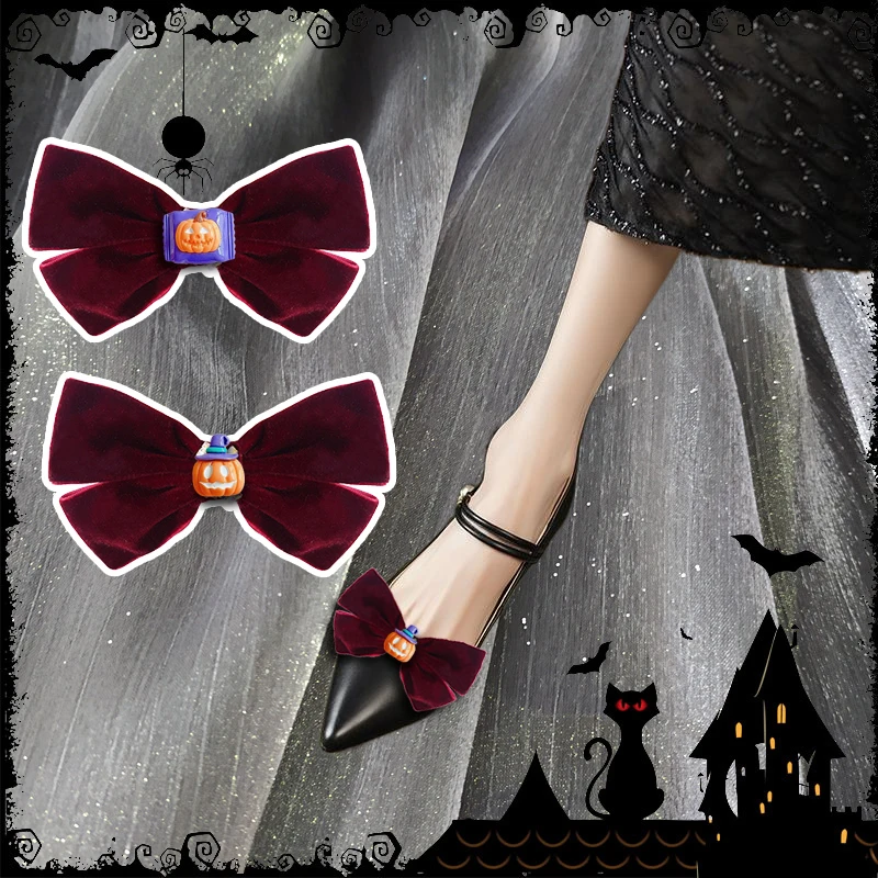 

2 Pcs Halloween Pumpkin Shoe Clips Classic Red Bow Shoe Embellishment Detachable Women Shoe Buckle for Pumps Flats Decoration