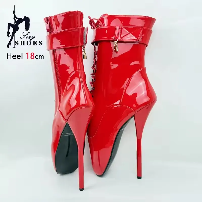18CM Thin Heel Ballet Boots Red Pointy Toe Short Boots Extreme high heel Women Fetish Sexy Ankle Wrap Strap Nightclub Club Shoes