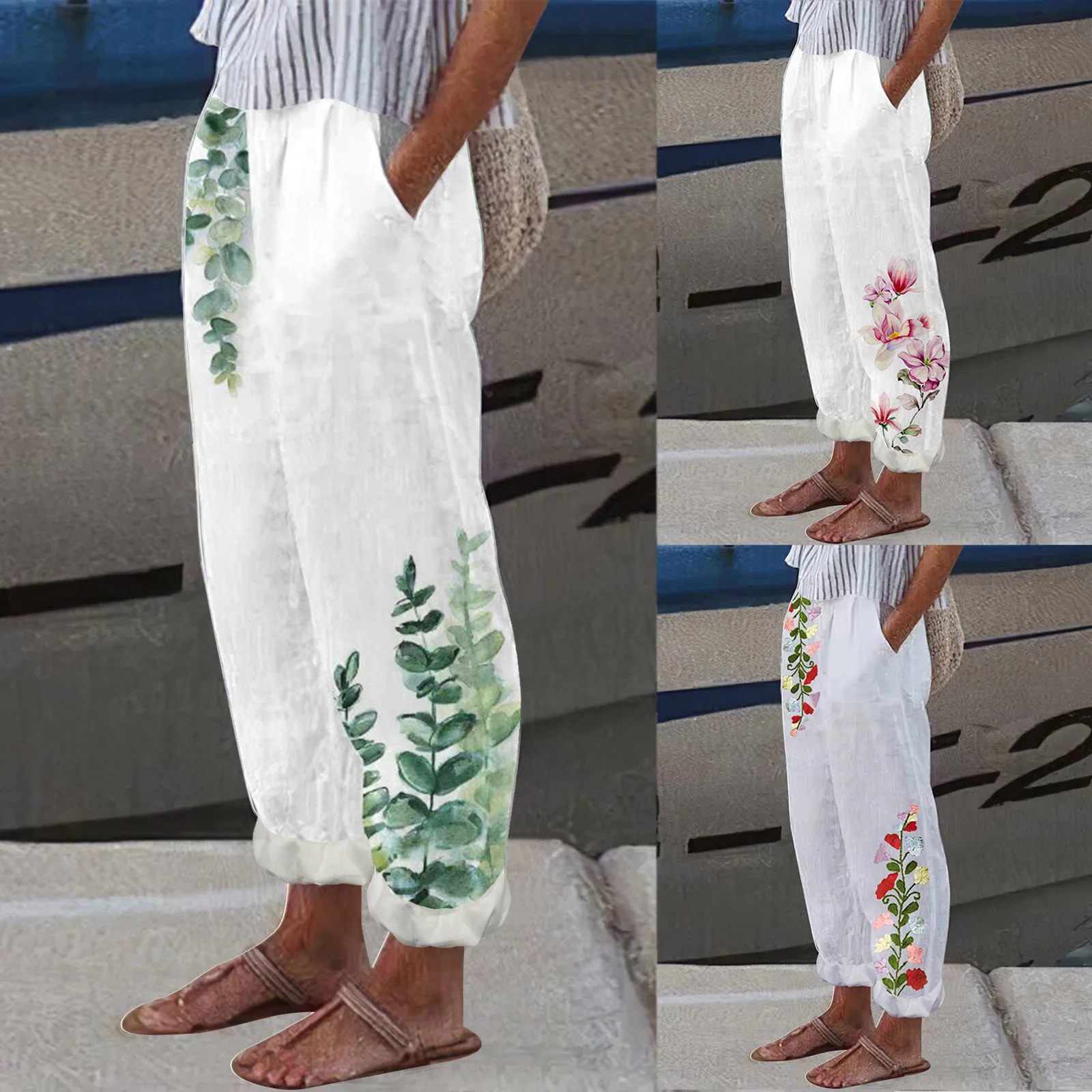 

Green Leaves Print Harem Pants Women Vintage Wide Leg Pants Boho Ethnic Style Cotton Linen Pencil Pants Comfy Loose Trousers