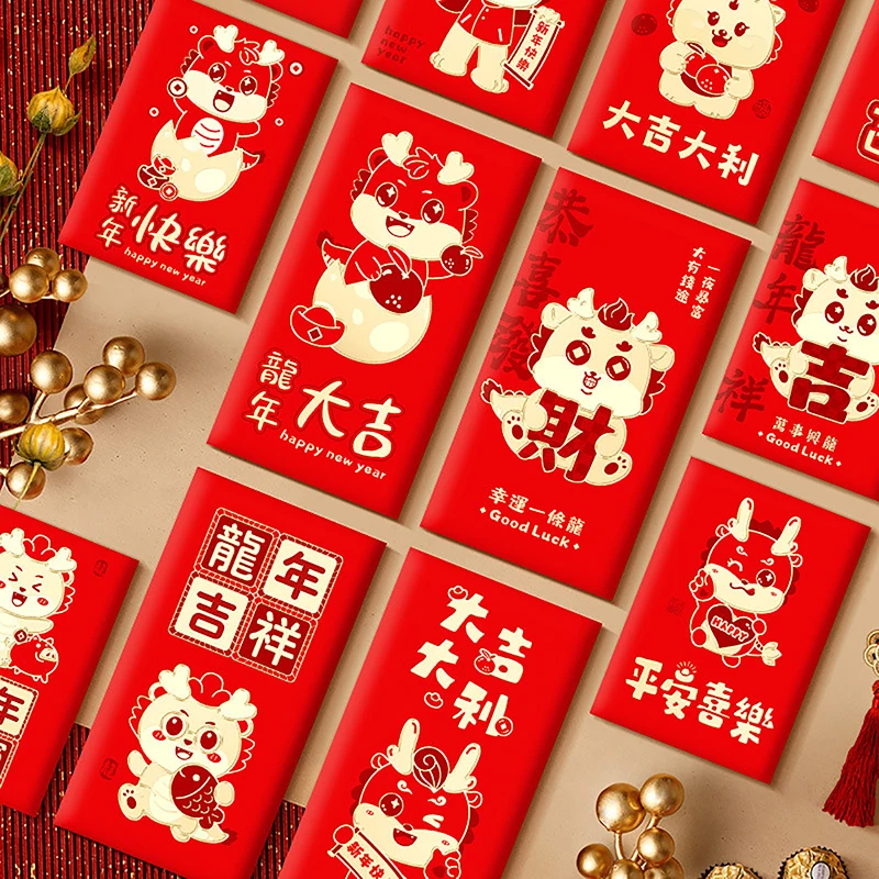 

6Pcs Gift Bag Red Packet Lunar New Year 2024 Zodiac Dragon Year Cute Envelopes Party Luck Money Envelopes Bless Pocket