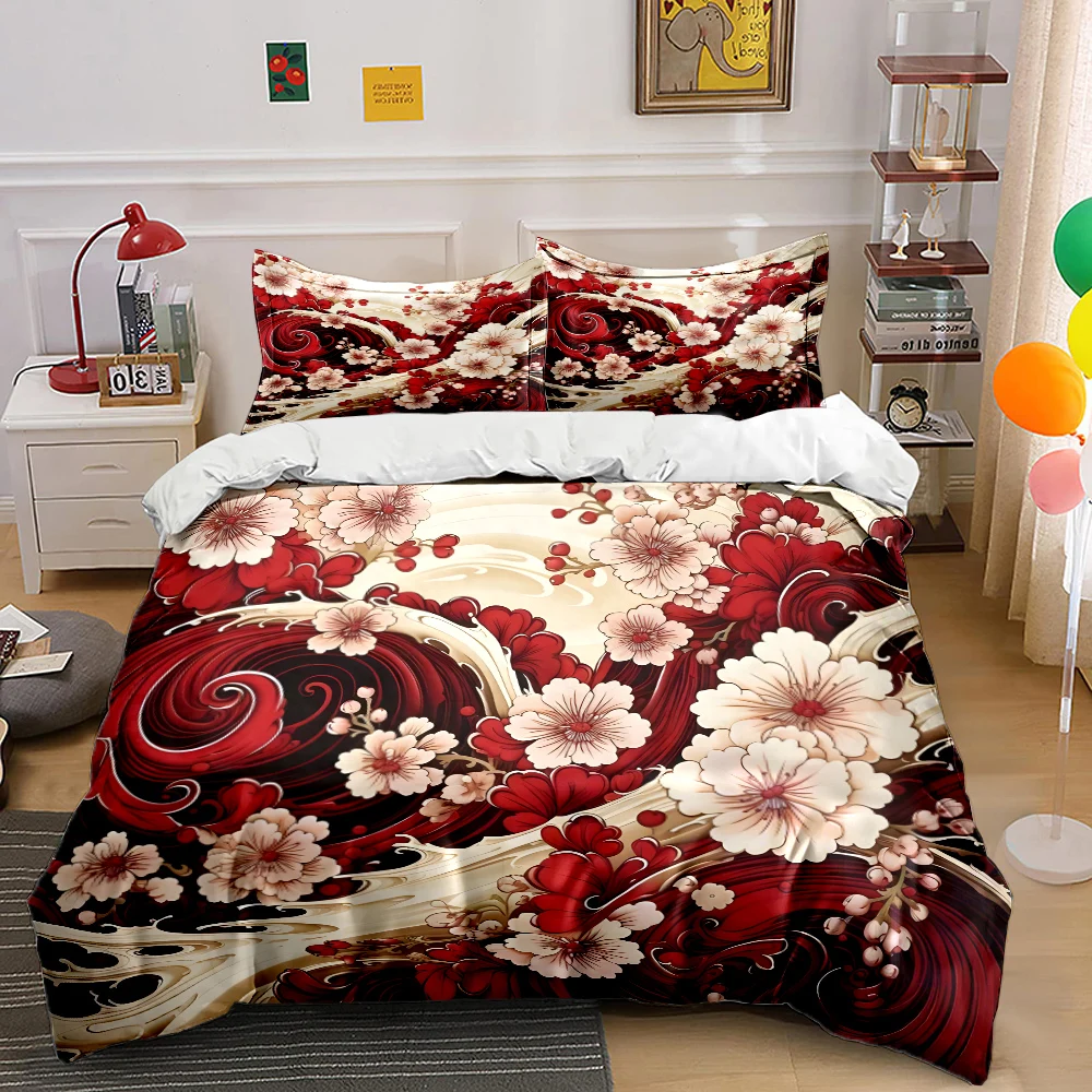 Flowing Red and White Floral Art Bedding Set for Kids Luxury Gift 3pcs Digital Print Comforter Set Soft Comfortable Breathable 4