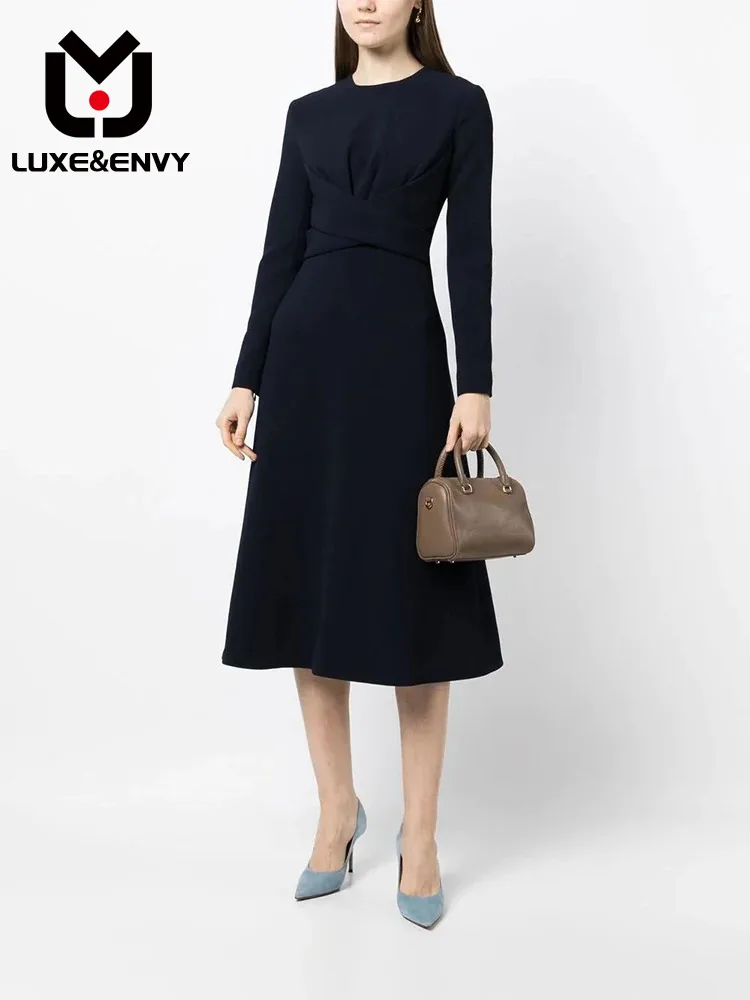 

LUXE&ENVY 2023 Spring and Autumn New Style Round Neck Front Cross Strap Slim A-line Knee Length Solid Color Women's Dress
