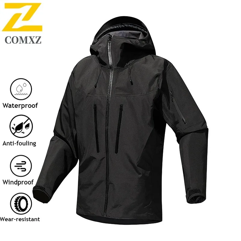 COMXZ Men Outdoor Softshell Windbreaker Waterproof Windproof Hiking Climbing Coat Stretch Breathable Mountain Style Hood Jacket