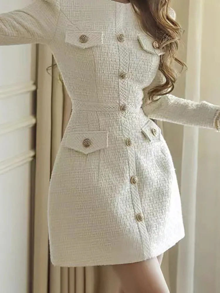 DEAT Robe en tweed a manches longues et col rond pour femmes simple boutonnage taille haute robes blanches elegantes mode automne nouveau 2024 13DB3314 AliExpress