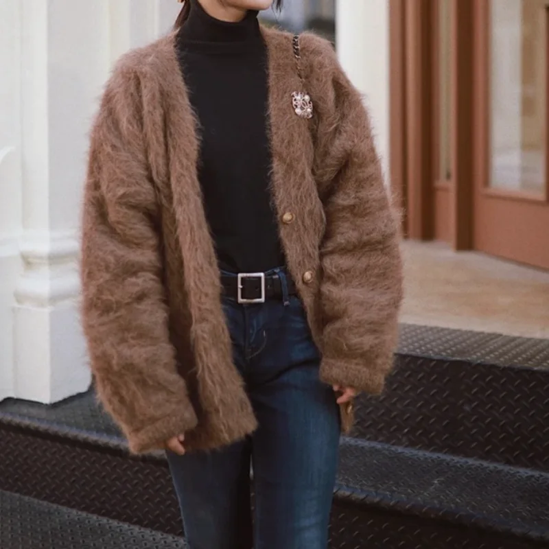 

2023 New Simple Commuter Single Breasted V-neck Hairy Knit Cardigan Coat for Women