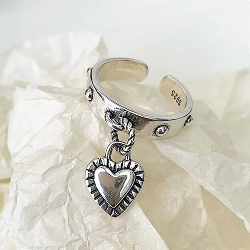 

925 Sterling Silver LOVE Heart Tassel Rings for Women Couples Fashion Vintage Thai Silver Punk Party Jewelry Gifts Accessories