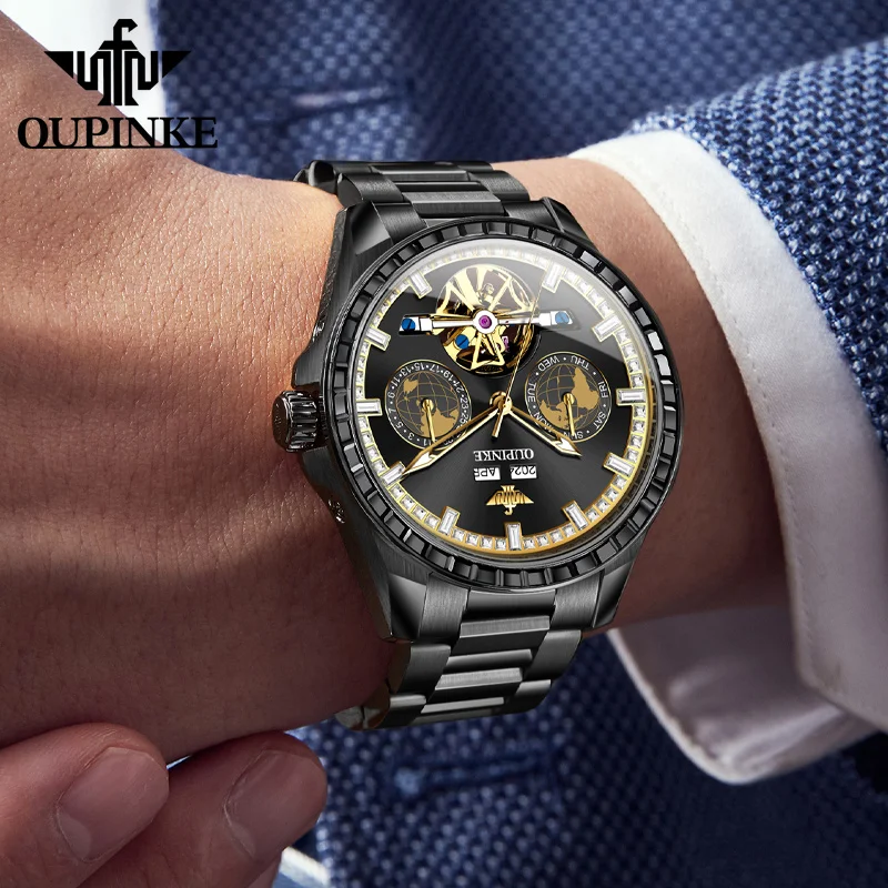 OUPINKE 3280 Hollow Skeleton Mechanical Men Watch Luxury Fashion Auto Date Watch For Men Deep Waterproof Business Man Wristwatch 4