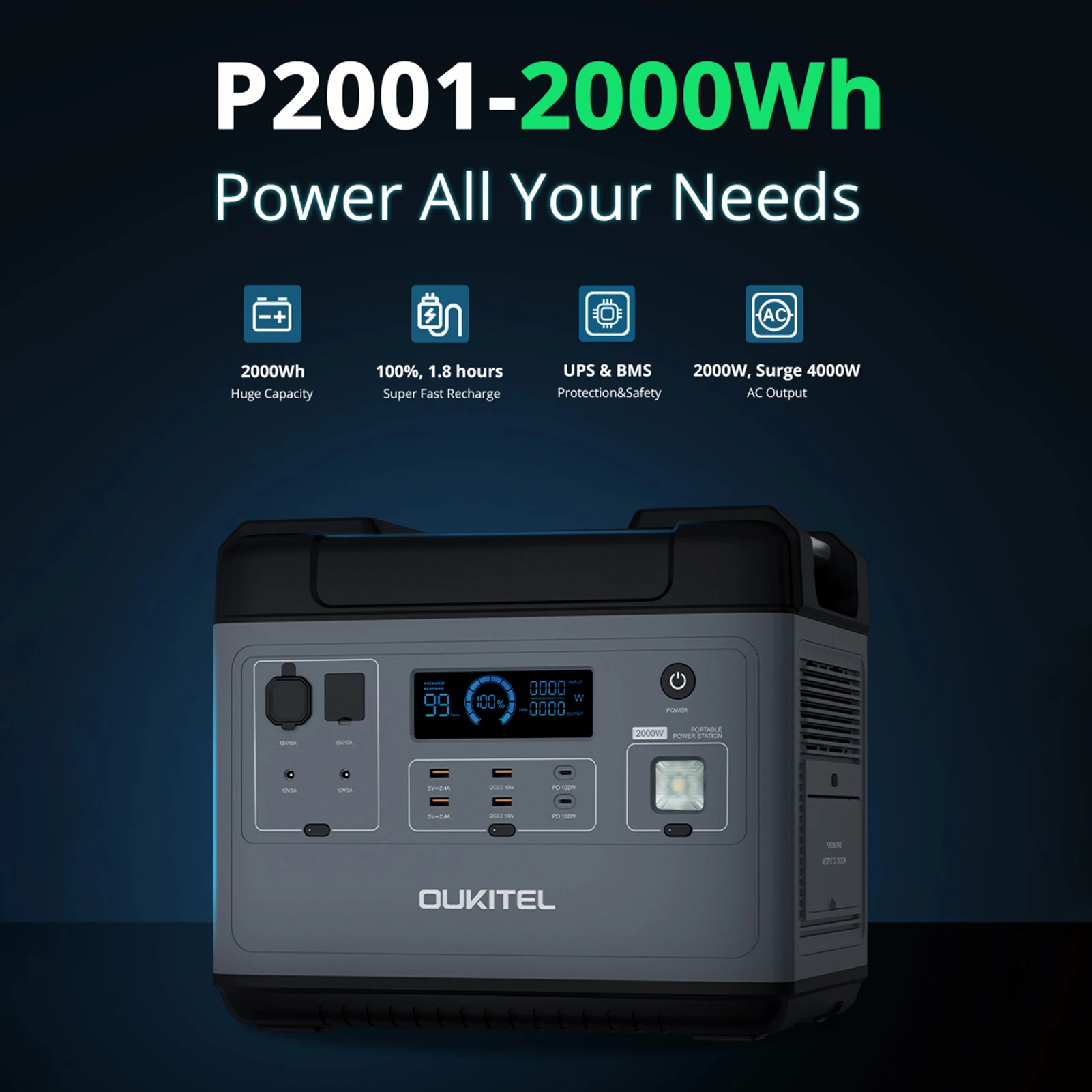 Oukitel P2001 Centrale Elettrica Portatile Generatore Solare 2000W 51V 2000Wh Batteria Lifepo4 Onda Sinusoidale Pura Ups Alimentatore Di Emergenza