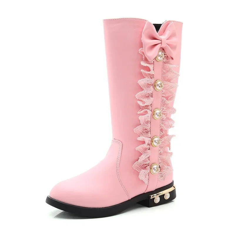 New 2024 Winter Children Snow Boots Fashion Bow Girls Princess Riding Boots Plus Velvet Kids High Boots Casual Shoes