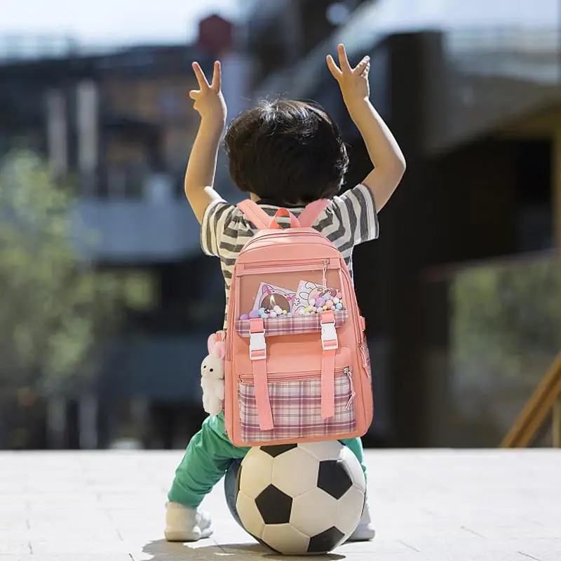 여아용 귀여운 배낭 세트, 학교 가방 세트, 토끼 펜던트, 책, 펜, 간식 장난감, 물