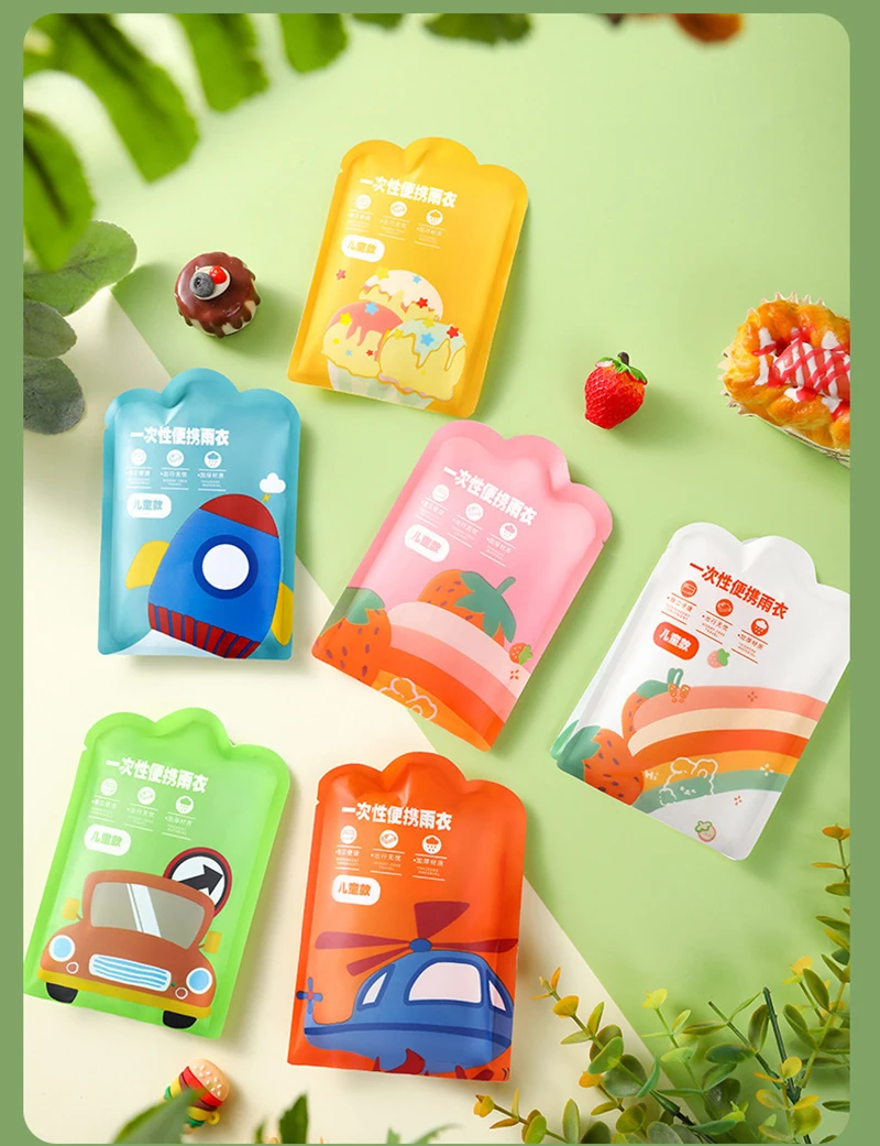 어린이용 휴대용 두꺼운 비옷, 일회용 카드 비옷, 야외 여행 하이킹 방수 후드 판초, 캠핑용