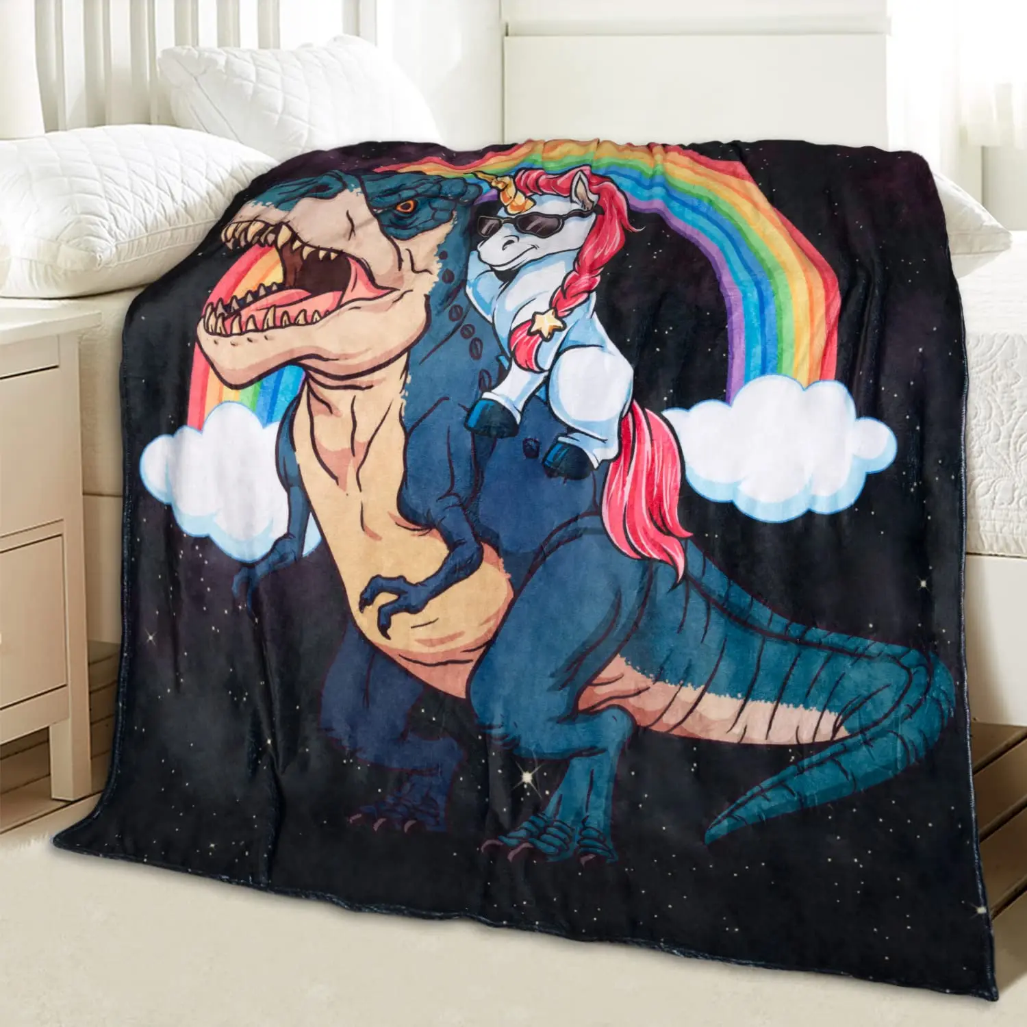 

Unicorn Riding Ferocious Dinosaur Throw Blanket Funny Rainbow Unicorn and Jurassic Tyrannosaurus Cozy Soft Flannel Blanket Gifts