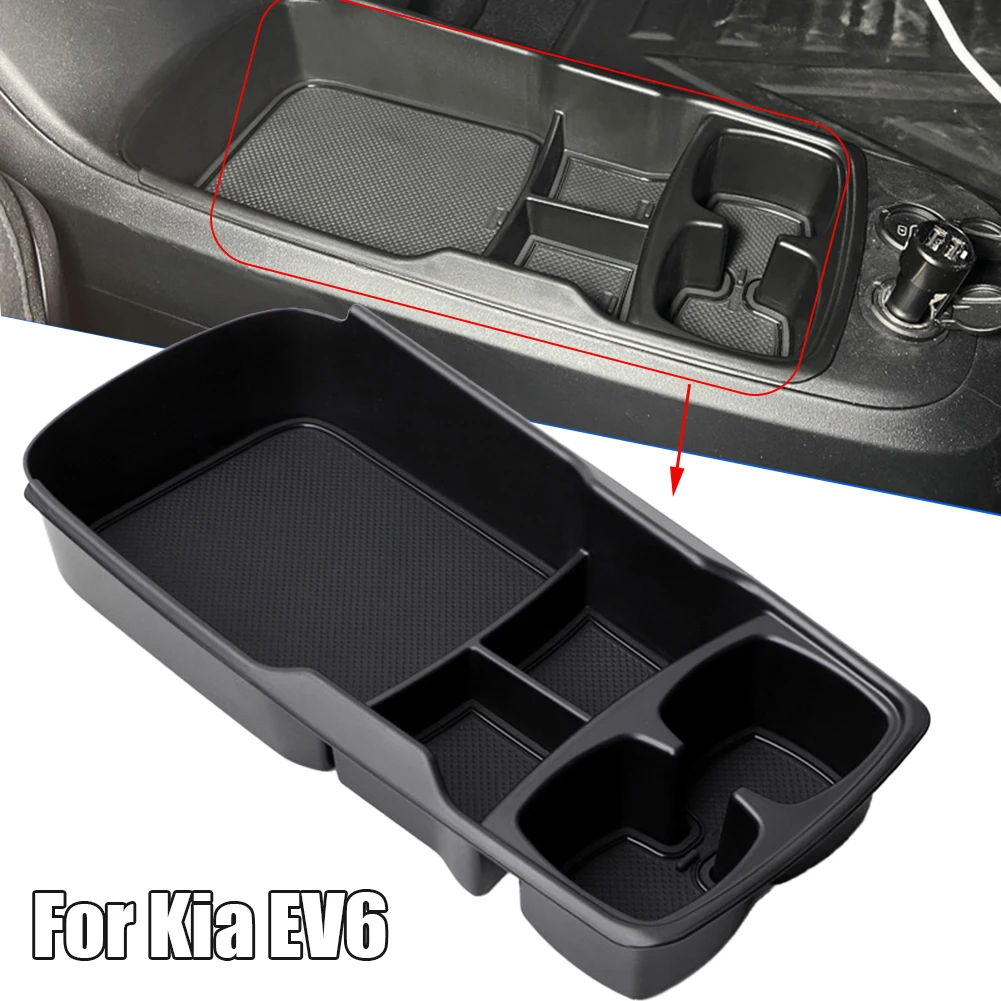 

1x For Kia EV6 2021-2024 Center Console Storage Box Lower Layer Tray Tidying Under Car Armrest ABS Black Interior Accessories